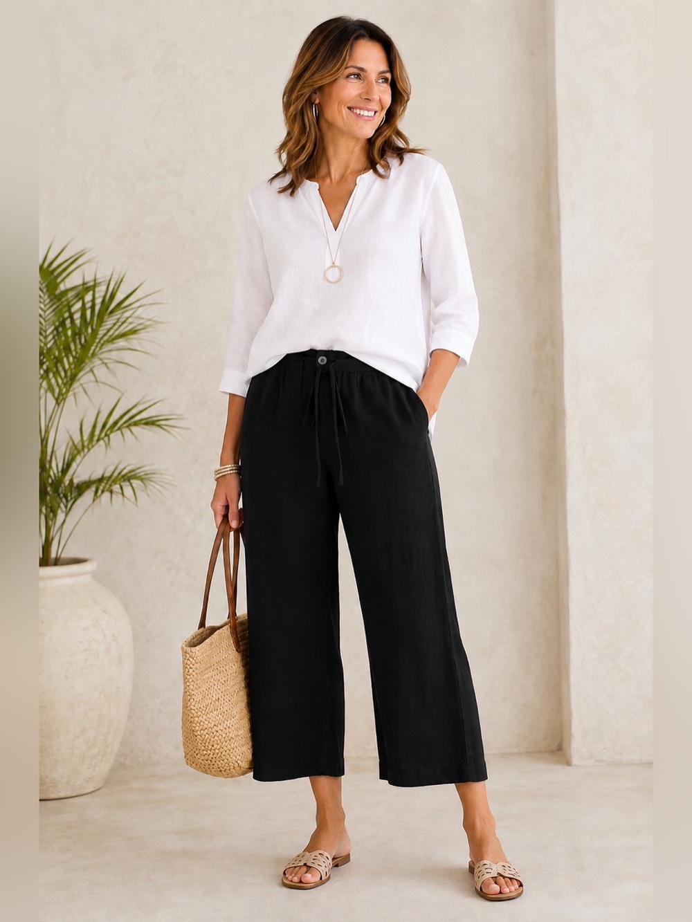 Chico’s Silk Linen Smooth Fit Wide Leg Cropped Pants Women 2/large Black